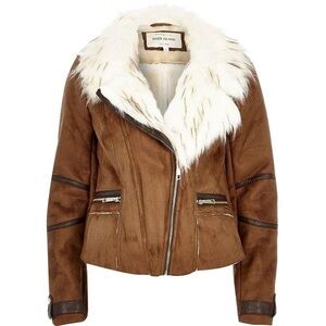 NWT RIVER ISLAND Brown Faux Suede Biker Aviator Jacket UK 18 US 14 NWT